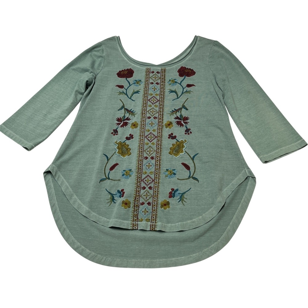 Soft Surroundings Top Blue Floral Embroidered Tunic Size M Boho Chic Hippie